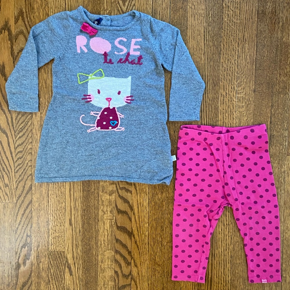 Souris Mini Knitted Embroidered Grey Dress w/matching legging size: 6-9M